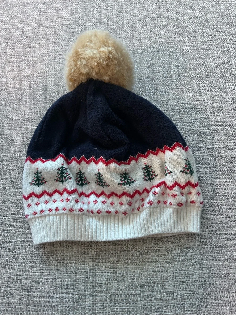 Janie and Jack Kids Navy Cream Pom Pom Winter Beanie w Tree Pattern. Size 2/3T